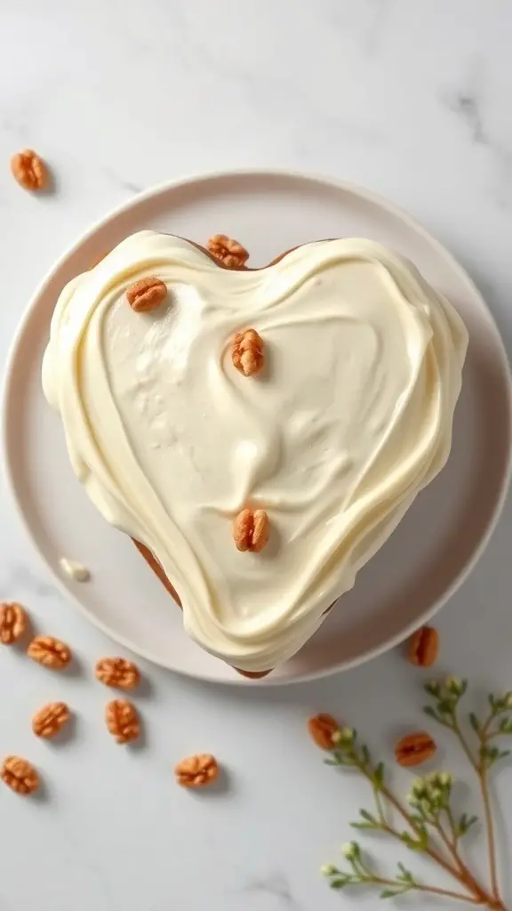 Heart-shaped carrot cake with cream cheese frosting and pecans on top
