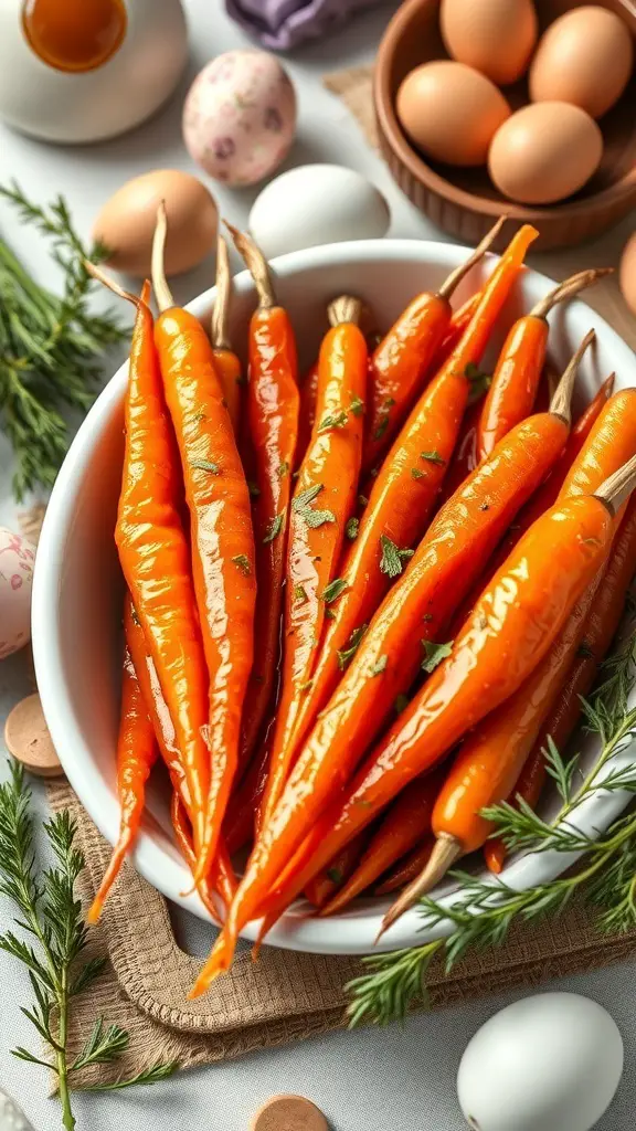 A bowl of honey glazed carrots with a vibrant orange color, surrounded by eggs and herbs.