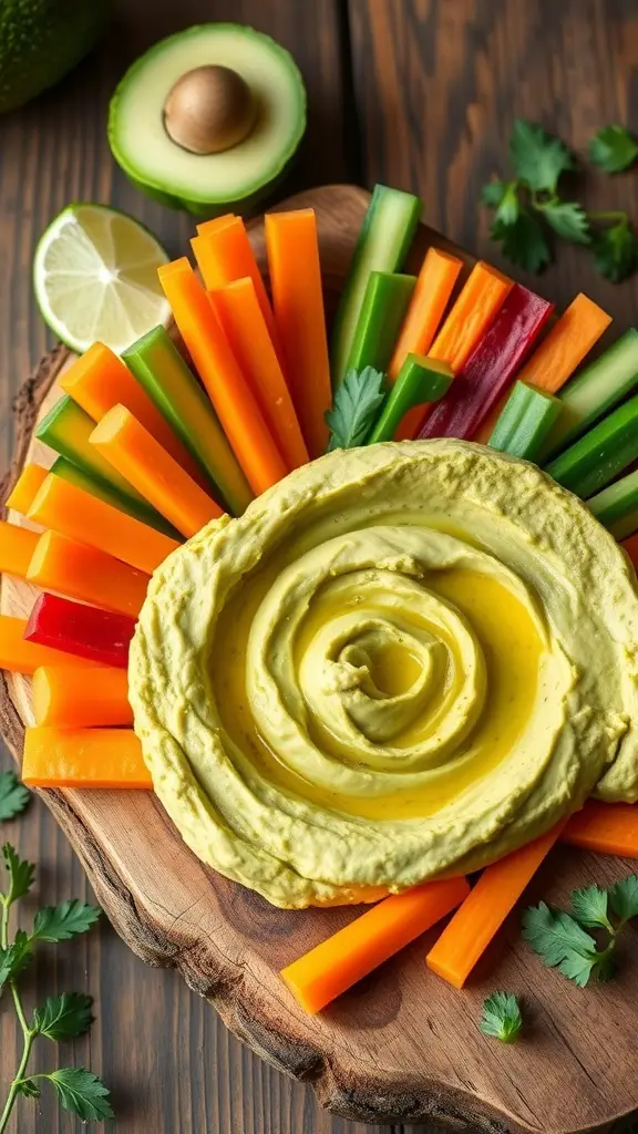 A bowl of avocado and lime hummus surrounded by colorful veggie sticks on a wooden platter.