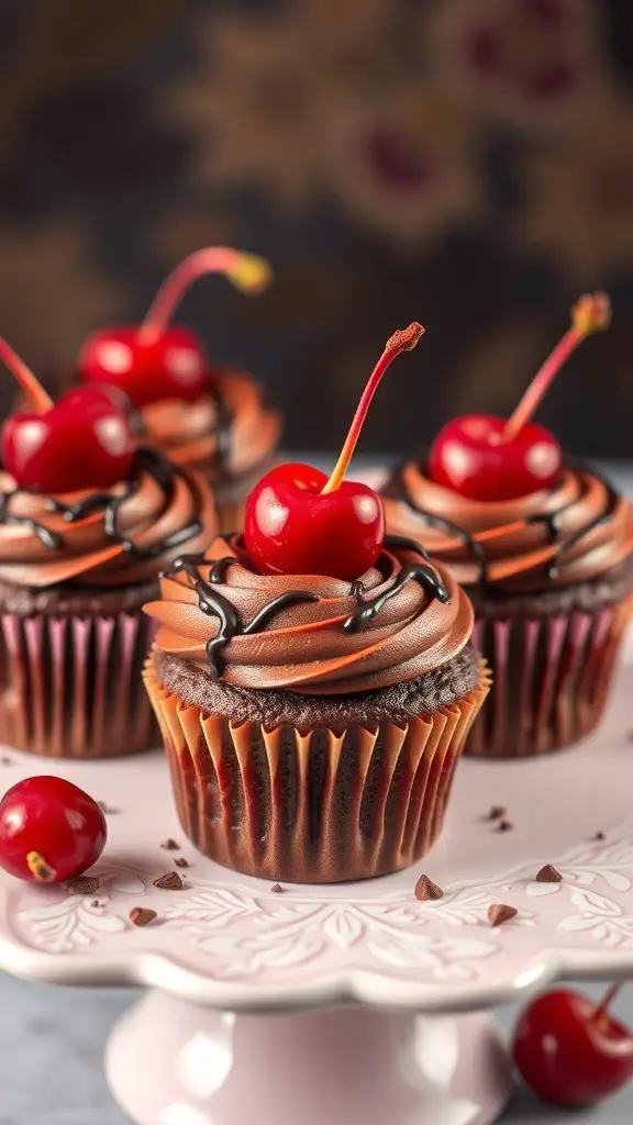 Chocolate Cherry Jubilee cupcakes with chocolate frosting and cherries on top