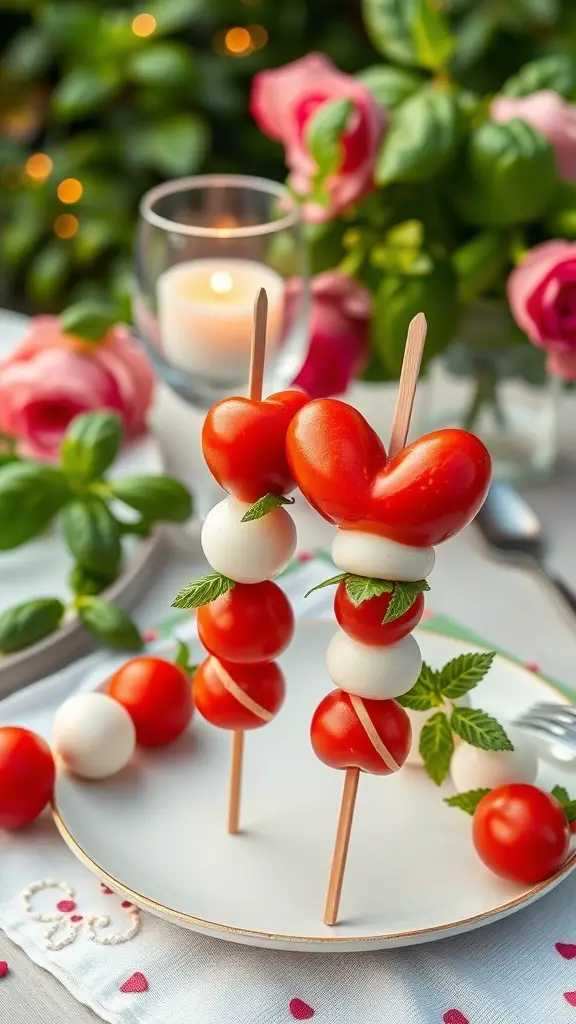 Heart-shaped Caprese skewers with cherry tomatoes, mozzarella, and basil on a plate.