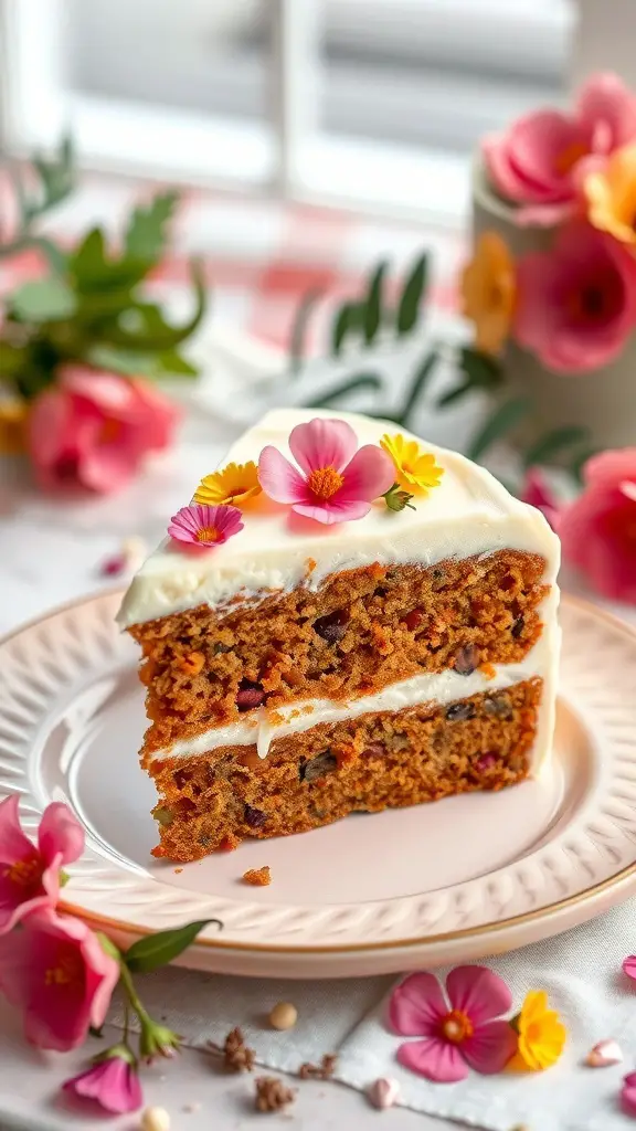 A slice of carrot cake with cream cheese frosting, decorated with colorful flowers.