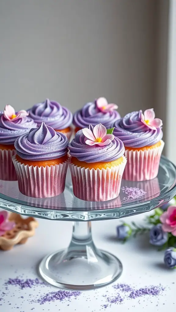 Violet cupcakes with swirled frosting and edible glitter on a glass cake stand.