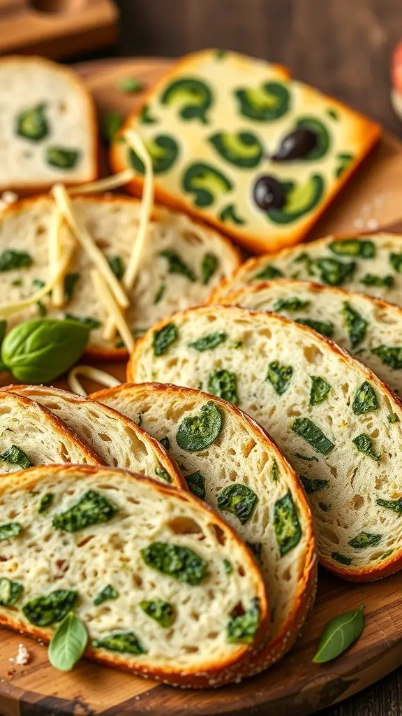 Artisan green breads with swirls of herbs on a wooden board