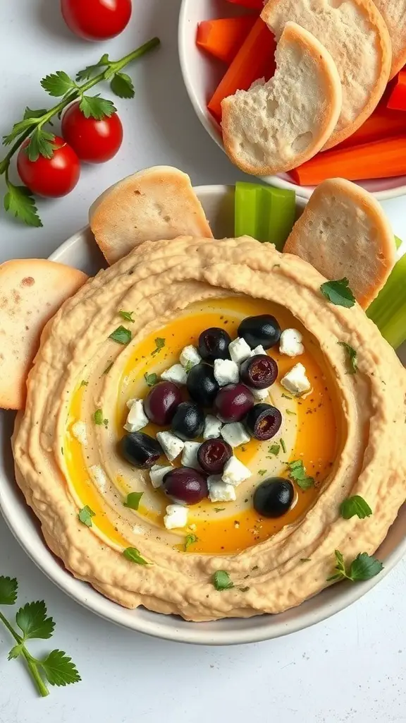 A bowl of Mediterranean hummus dip garnished with olives and feta, surrounded by fresh vegetables and pita bread.
