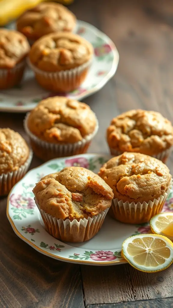 Freshly baked zucchini muffins with lemon zest on a floral plate, with lemon slices beside them.