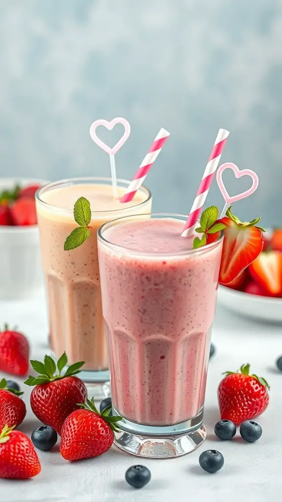 Two colorful berry smoothies with heart-shaped straws, surrounded by fresh strawberries and blueberries.