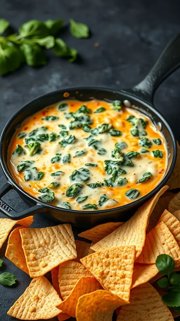 A bubbling pot of spinach and artichoke dip with crispy chips