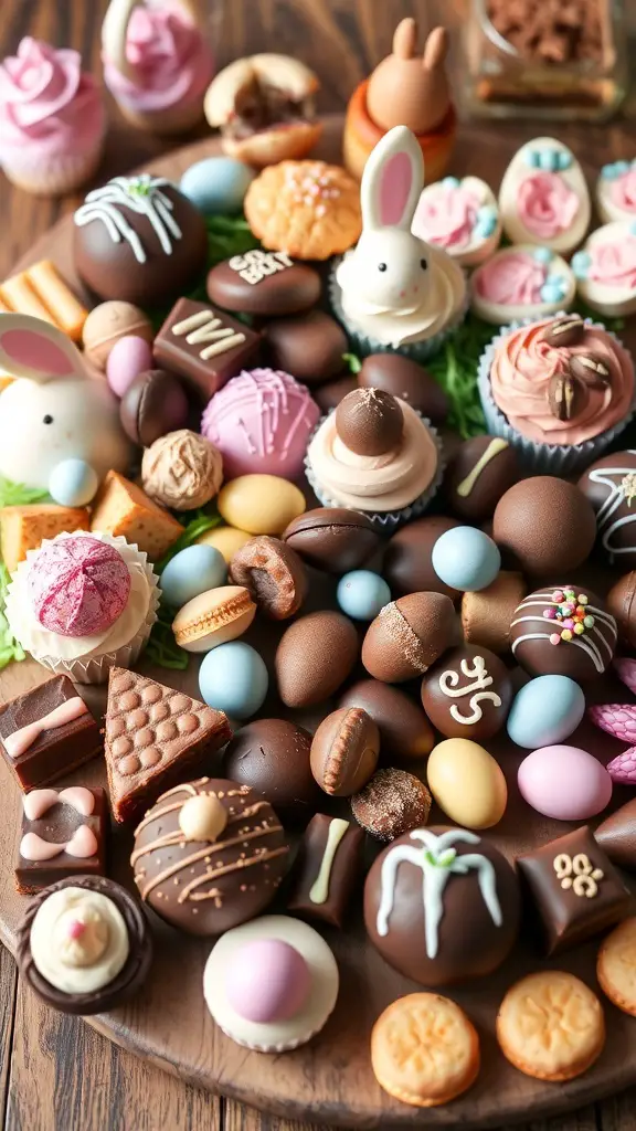 A colorful Easter chocolate and dessert board filled with various candies and treats.