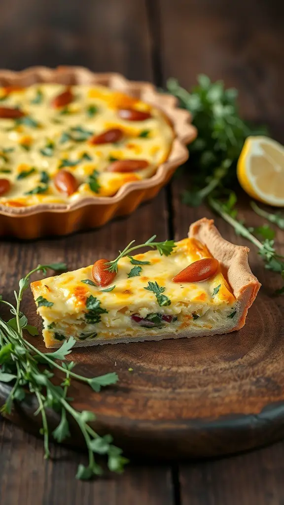 A slice of Quiche Lorraine with fresh herbs on a wooden board, with the whole quiche in the background.