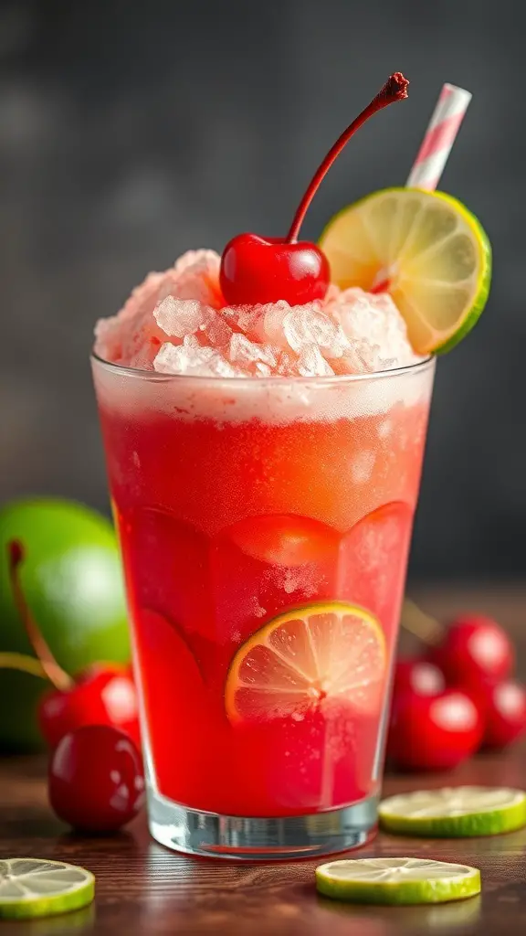 A colorful Cherry Limeade Slush in a glass, topped with crushed ice, a cherry, and a lime slice.