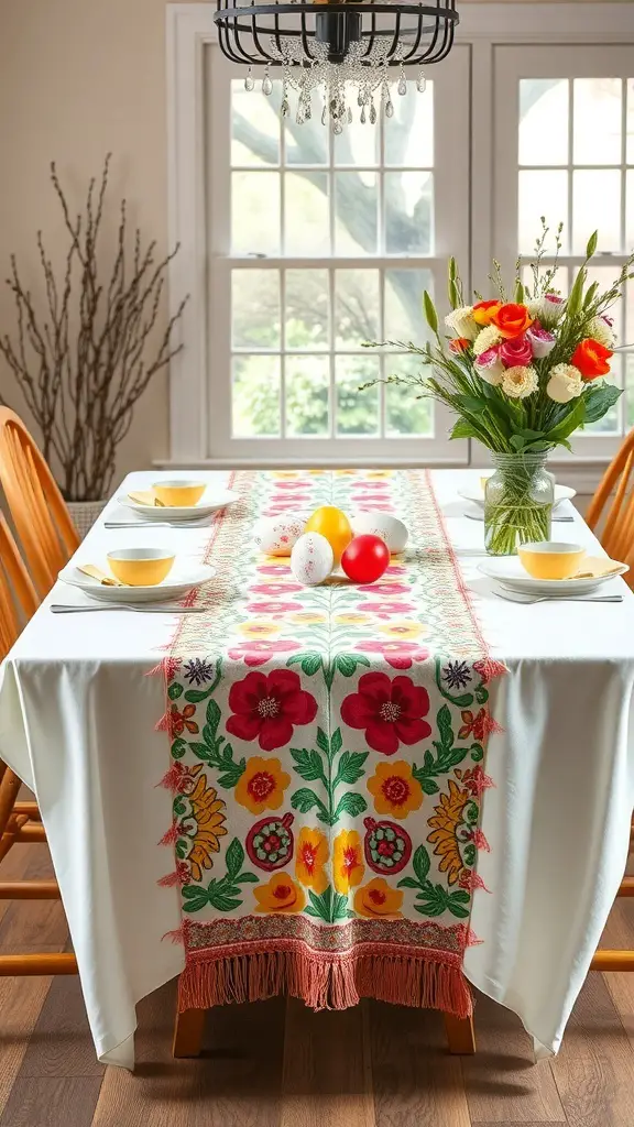 A colorful floral table runner on a dining table with eggs and flowers.