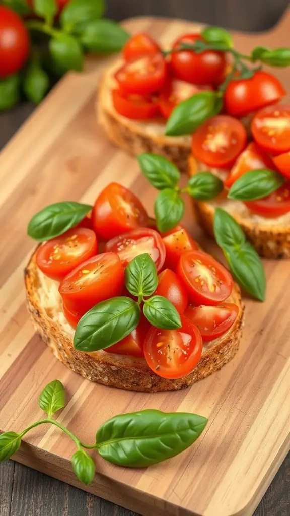 Bruschetta topped with tomatoes and basil on a wooden board