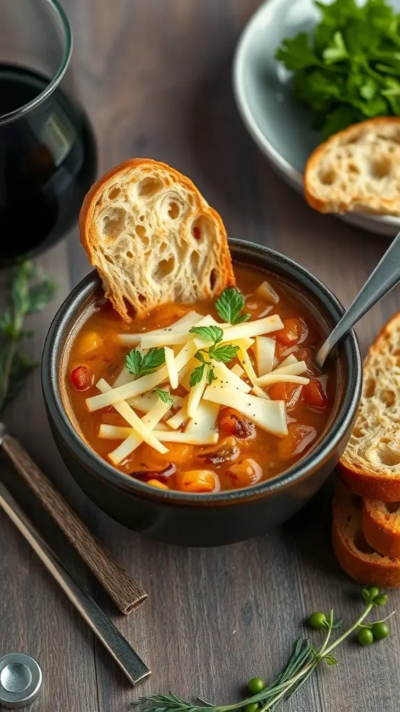 A bowl of French onion soup topped with melted Gruyère cheese and a slice of bread.
