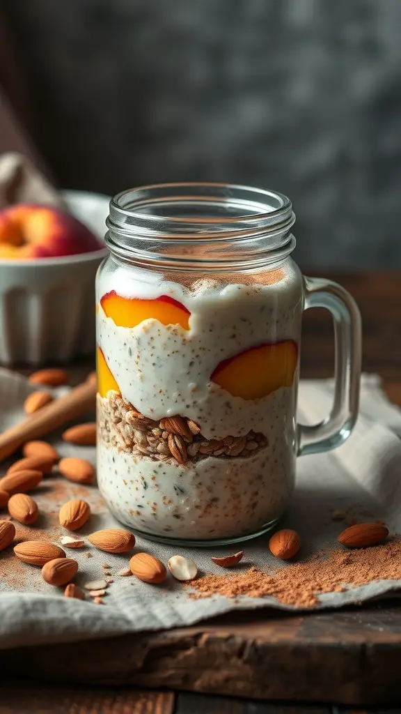A jar of peach and almond overnight oats with sliced peaches and almonds on a wooden table.