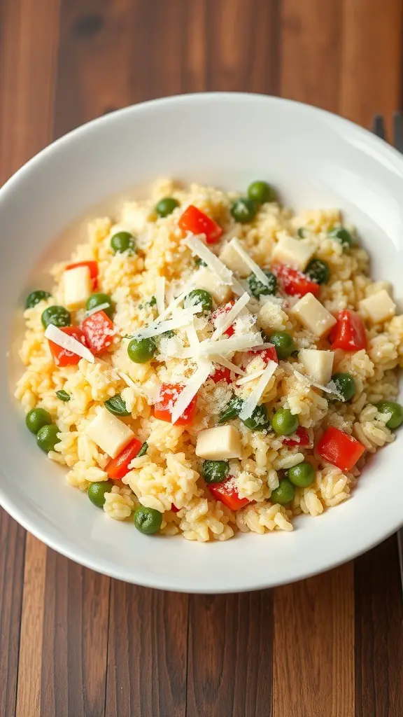 A bowl of vegetable risotto with peas, red peppers, and Parmesan cheese on a wooden table.