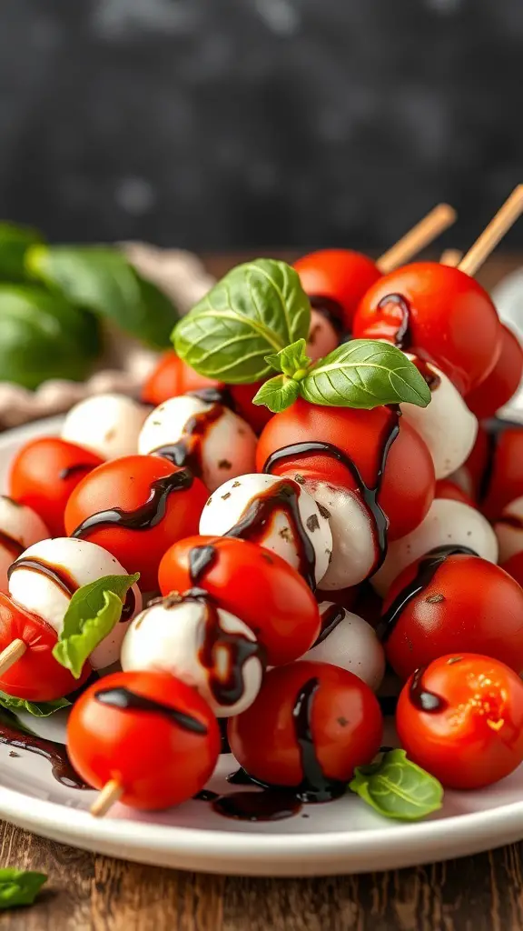 Caprese salad skewers with cherry tomatoes, mozzarella balls, and basil drizzled with balsamic glaze.