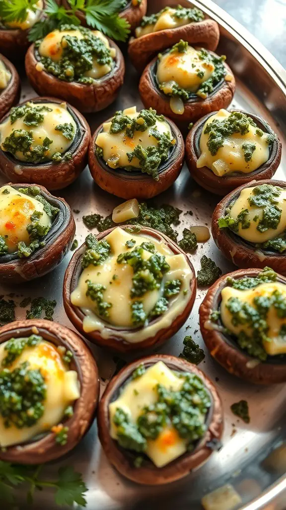 A platter of pesto stuffed mushrooms topped with creamy filling and green pesto.