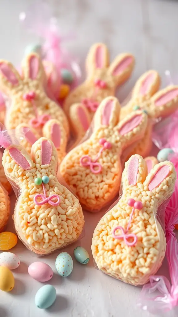 Easter-themed Rice Krispie treats shaped like bunnies, decorated with colorful icing and candy.
