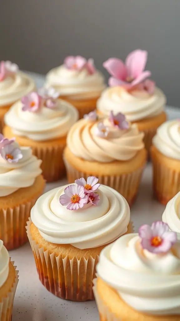 Fluffy vanilla bean cupcakes topped with creamy frosting and edible flowers