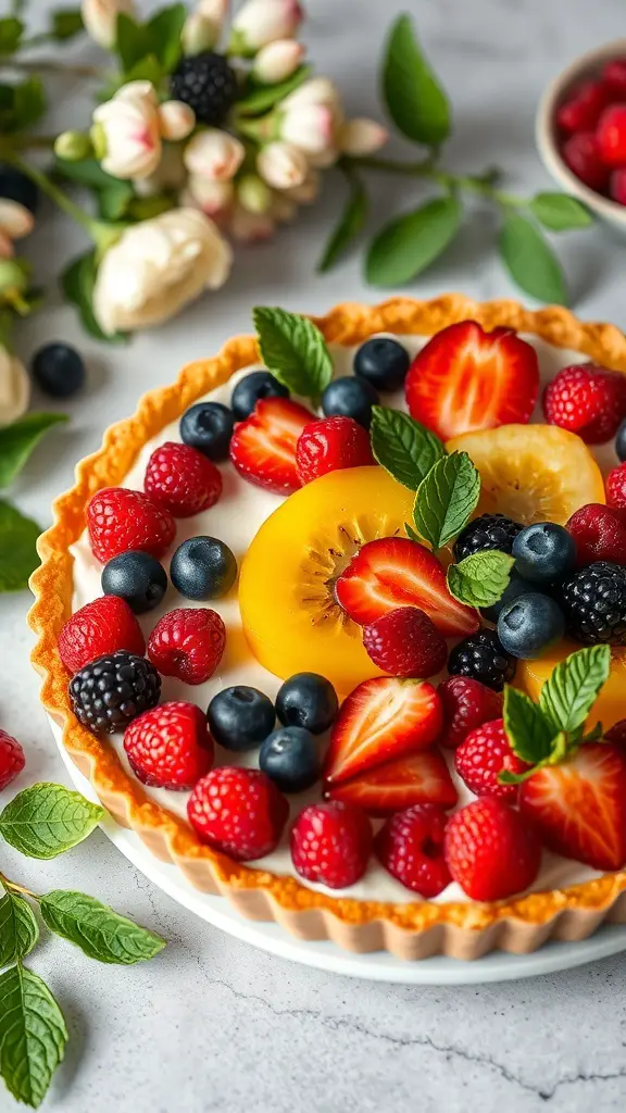 A colorful spring fruit tart topped with strawberries, blueberries, raspberries, and mint leaves.