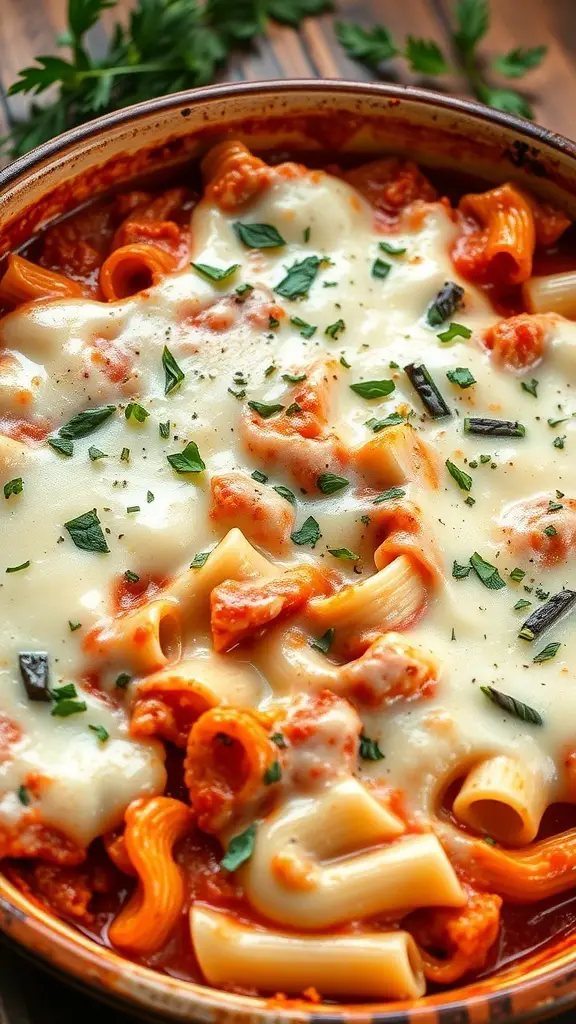 A dish of baked ziti with marinara sauce and melted mozzarella cheese, garnished with fresh herbs.