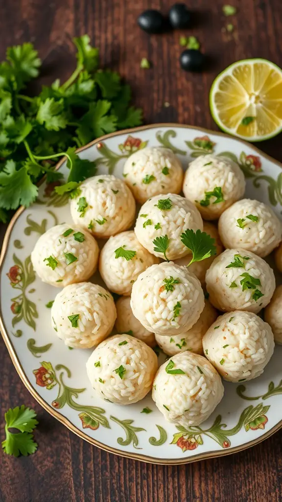 A plate of cilantro lime rice balls garnished with cilantro and lime slices.