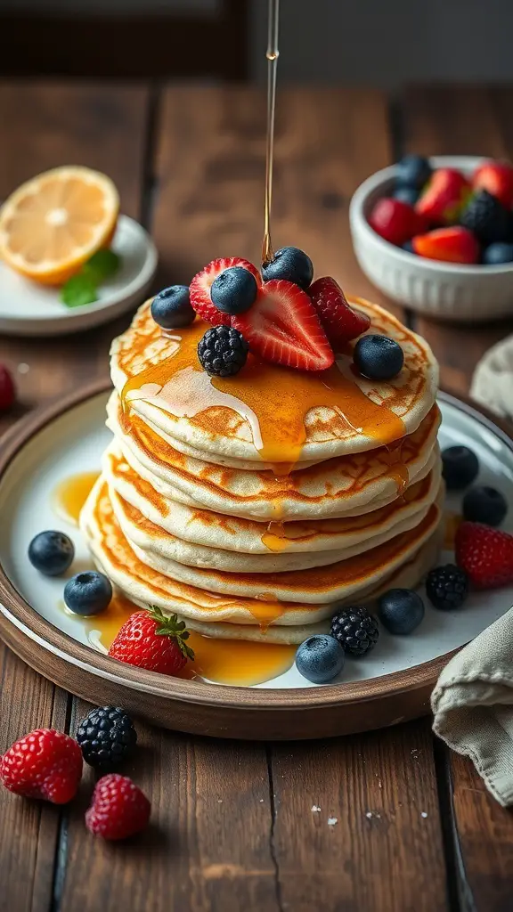 Stack of fluffy lemon ricotta pancakes topped with fresh berries and syrup