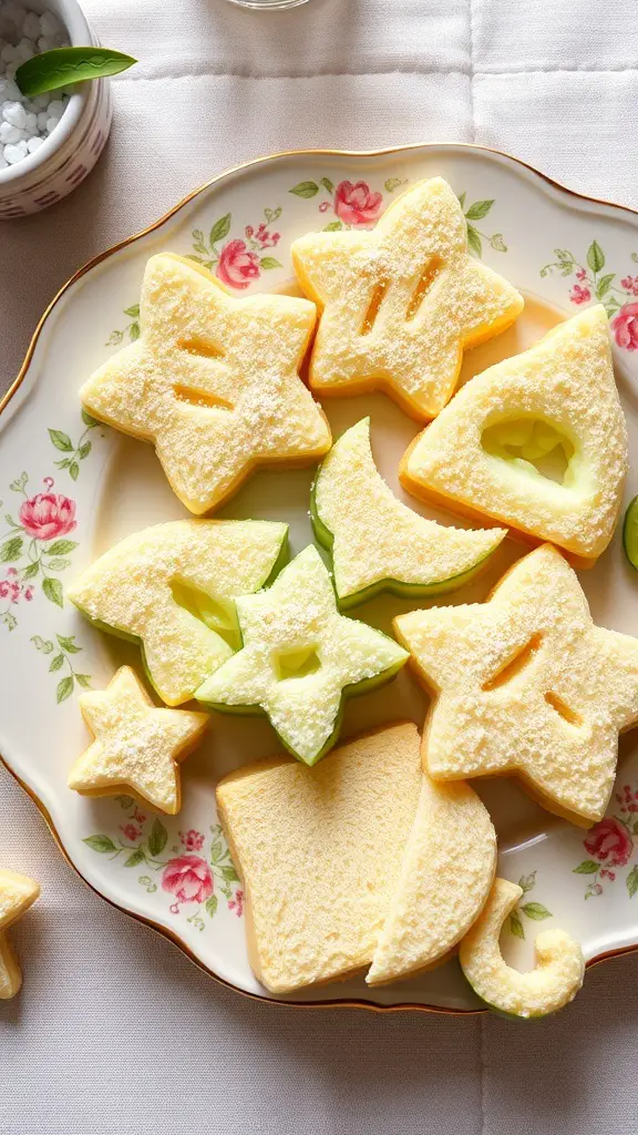 A plate of fun-shaped cucumber sandwiches with a light and fresh appearance.