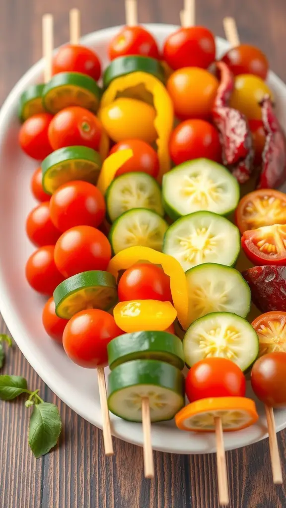Colorful veggie skewers with cherry tomatoes, cucumber slices, and bell peppers on a platter.
