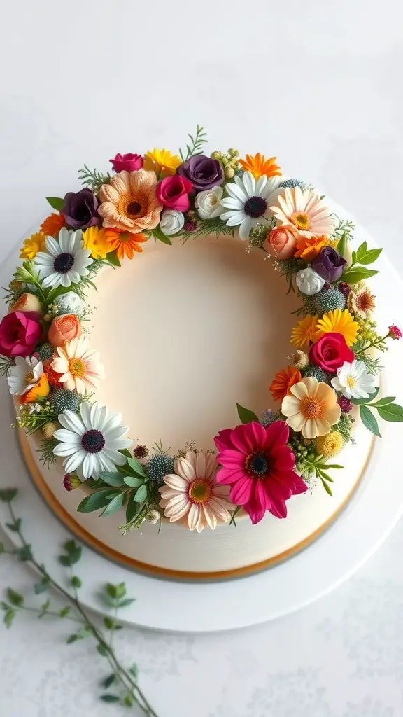 A beautifully decorated cake with a floral wreath design featuring colorful flowers.