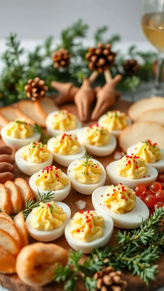 A beautifully arranged platter featuring deviled eggs and egg salad, garnished with herbs and colorful toppings.