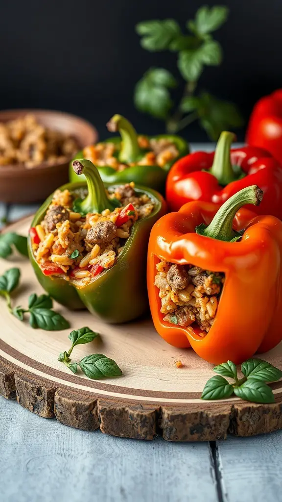 Stuffed bell peppers with Italian sausage on a wooden platter