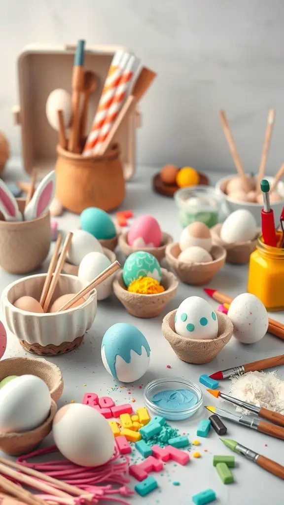A colorful egg decorating station with various art supplies and decorated eggs.
