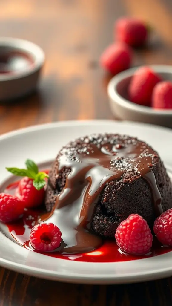A chocolate lava cake with raspberry sauce and fresh raspberries on a white plate.