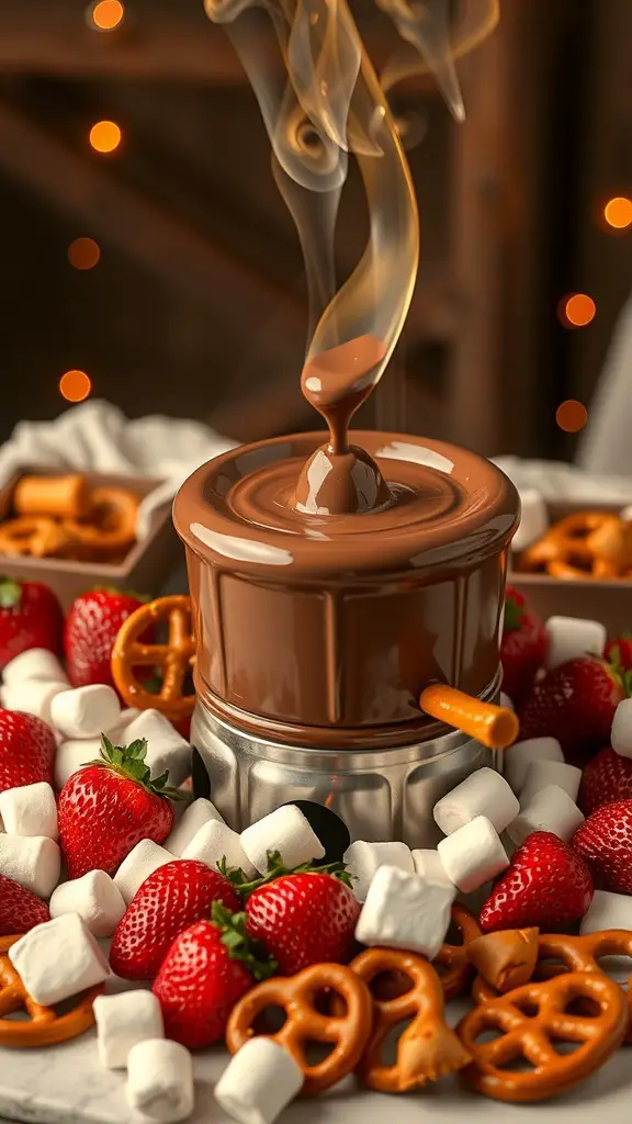 A chocolate fondue pot surrounded by strawberries, marshmallows, and pretzels.