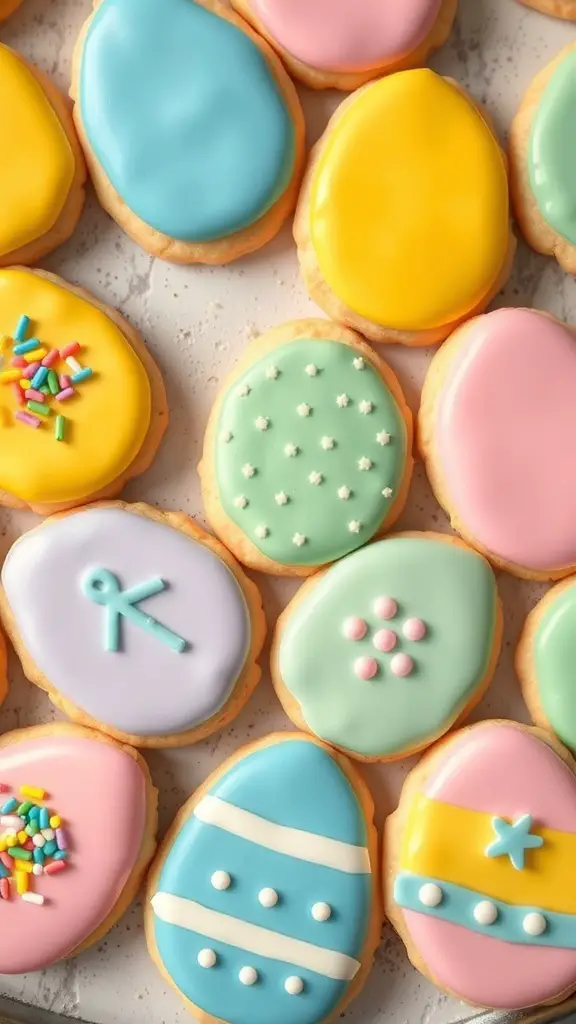 Colorful Easter egg sugar cookies decorated with icing and sprinkles.