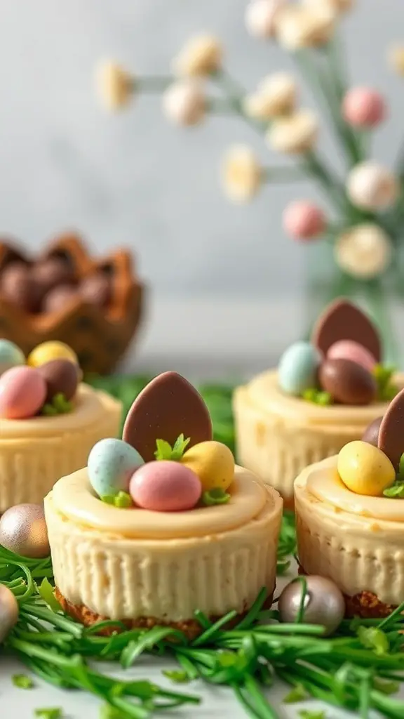 Mini Easter Egg Cheesecakes decorated with colorful chocolate eggs on a green grass-like base.
