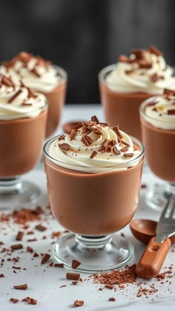 Delicious chocolate mousse cups topped with whipped cream and chocolate shavings.