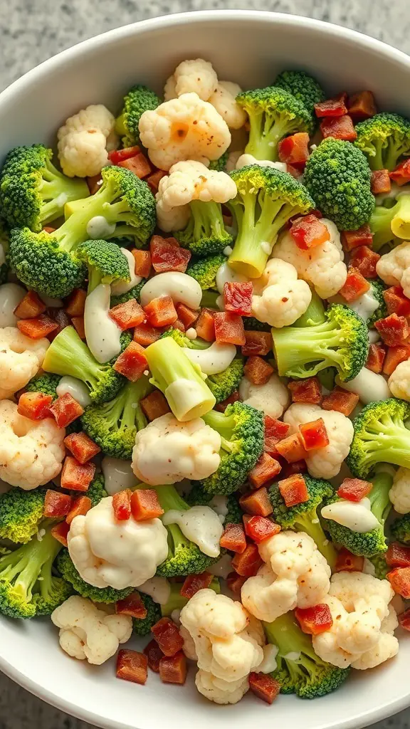 A bowl of broccoli and cauliflower salad with diced ham and creamy dressing.