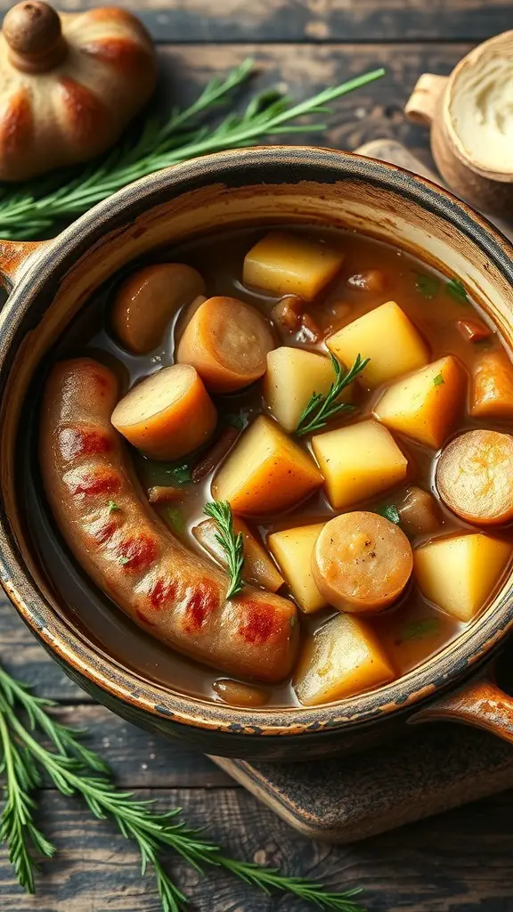 A pot of Dublin Coddle with sausages, potatoes, and herbs
