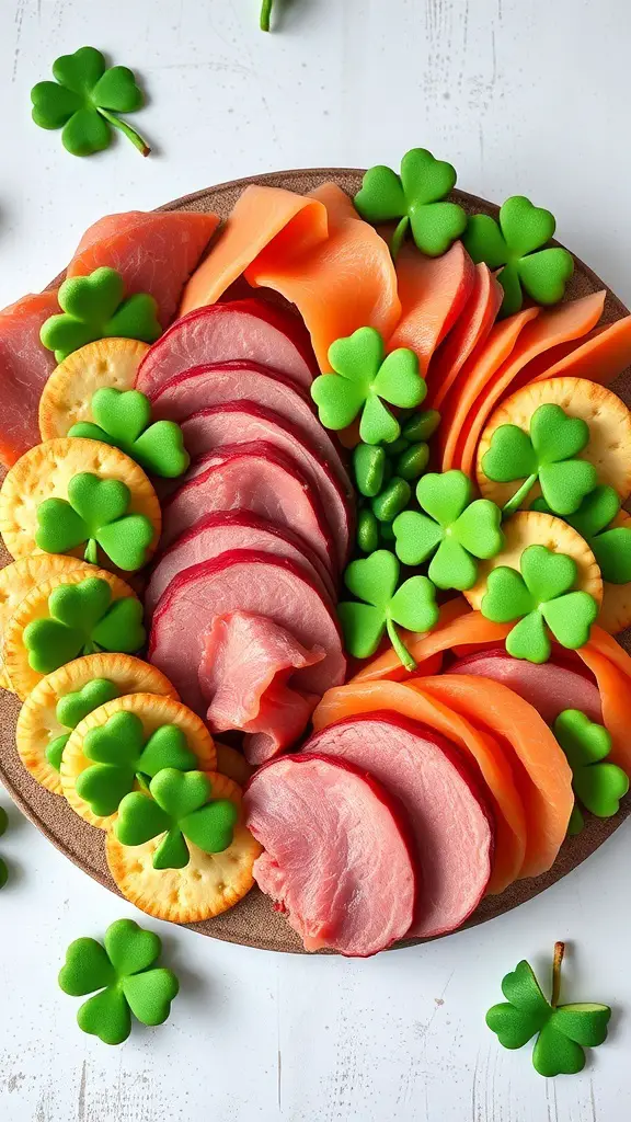 A festive St. Patrick's Day charcuterie board featuring various meats, cheeses, and green decorations.