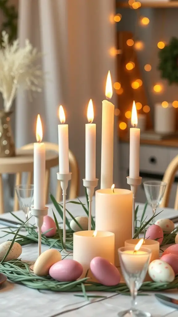 Easter-themed table setting with candles and colorful eggs