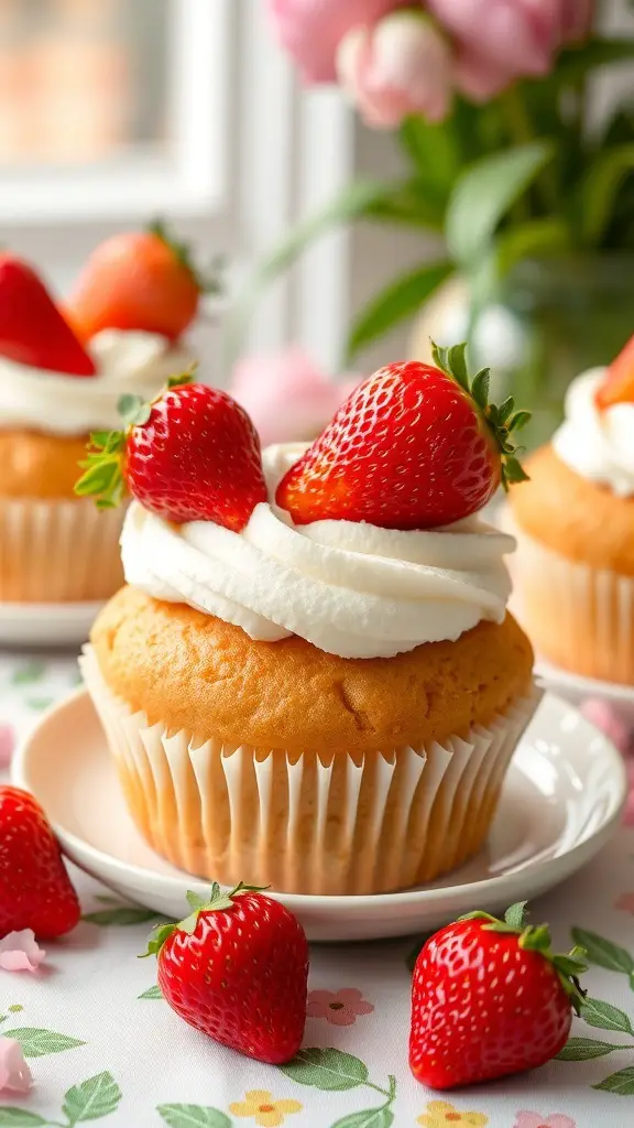 Strawberry shortcake muffins topped with whipped cream and fresh strawberries on a floral tablecloth.