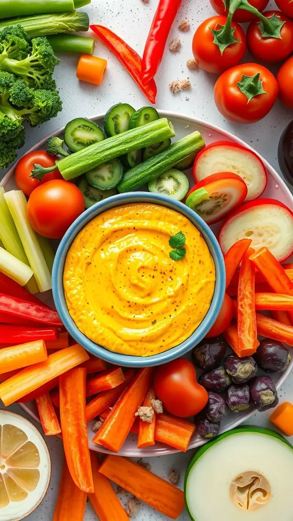 A colorful veggie platter with hummus in the center, featuring carrots, cucumbers, tomatoes, and other fresh vegetables.