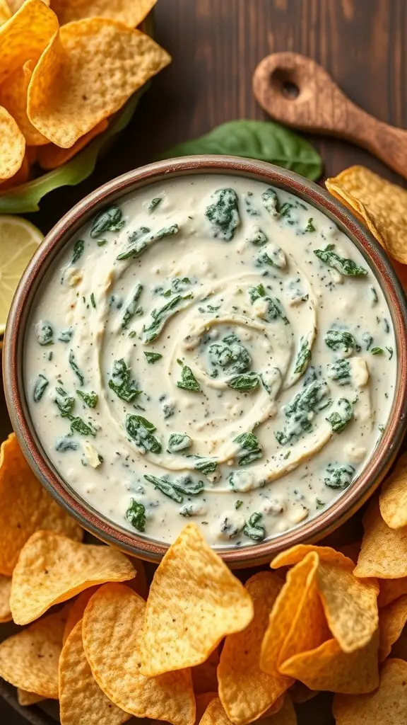 A bowl of spinach and artichoke dip surrounded by tortilla chips