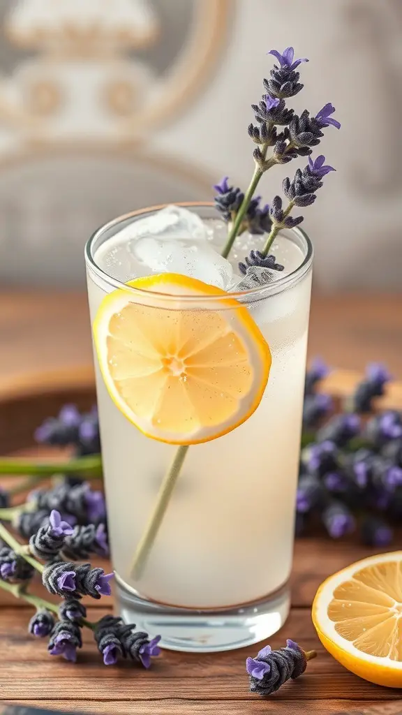 A refreshing Lavender Lemonade Sparkling Mocktail garnished with a lemon slice and lavender sprigs.