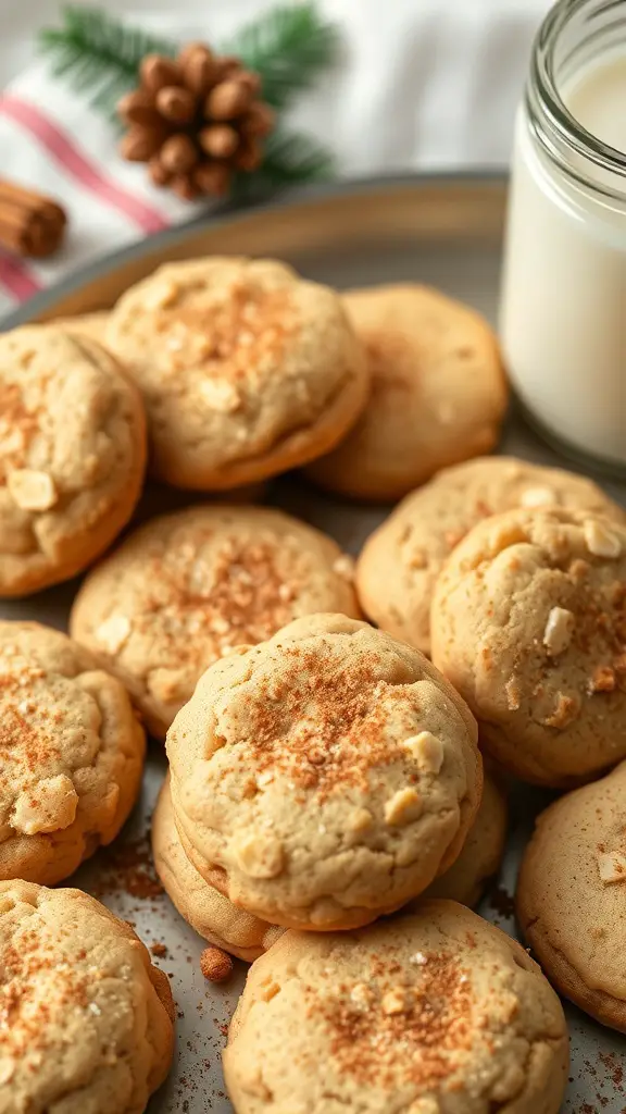 A plate of cinnamon almond butter cookies with a glass of milk
