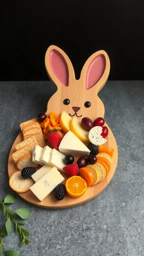 A bunny-shaped cheese board filled with various cheeses, fruits, and crackers.