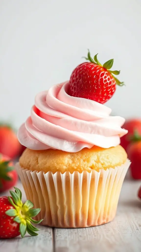 Vanilla bean cupcake with pink strawberry frosting and a fresh strawberry on top.